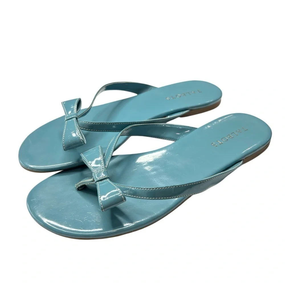 Talbots Womens Blue Sandals Patent Leather Flats Flip Flops with Bow Size US 9